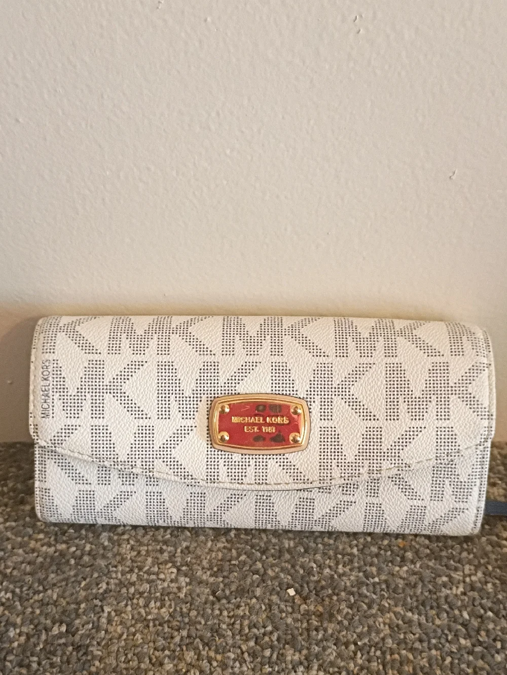 Michael Kors White And Blue Logo Slip Flap Wallet with Gold Plaque